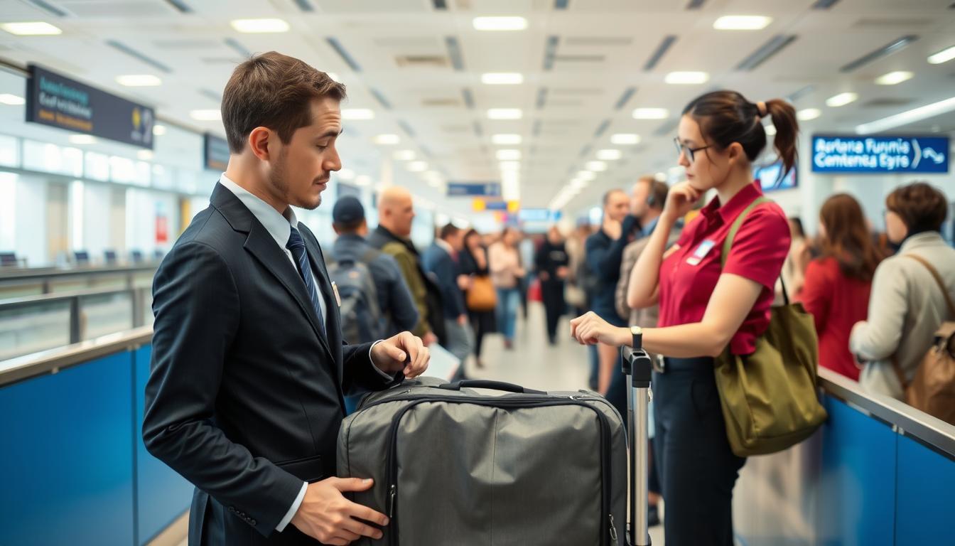 Airline staff checking carry-on bag dimensions at gate