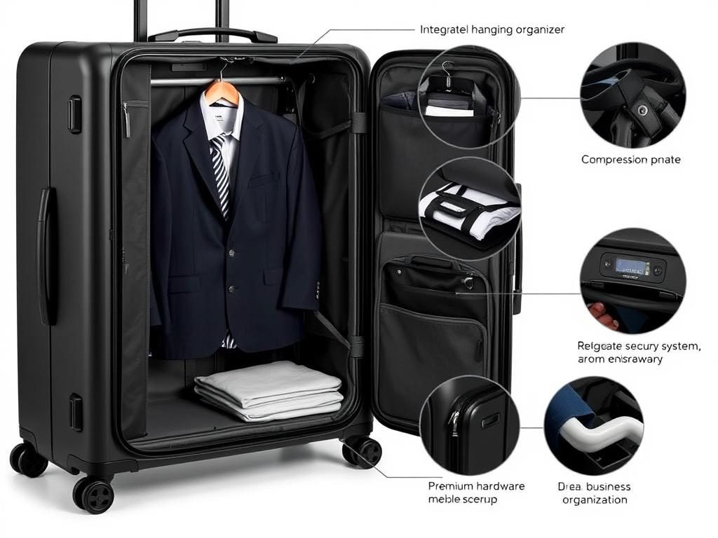 Briggs & Riley Baseline Wardrobe Spinner showing suit organization and hanging features Briggs & Riley Baseline Wardrobe Spinner showing suit organization and hanging features