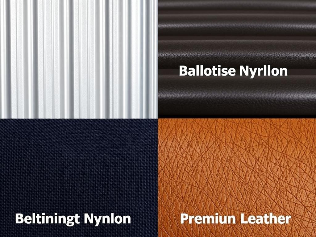 Close-up comparison of luggage materials showing polycarbonate, aluminum, ballistic nylon, and leather samples Close-up comparison of luggage materials showing polycarbonate, aluminum, ballistic nylon, and leather samples