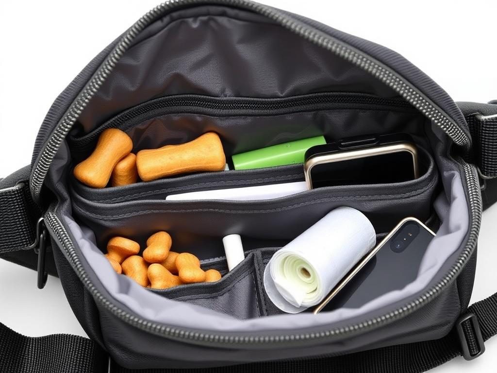 Close-up of a best fanny pack for dog walking showing multiple compartments for treats, waste bags, and personal items Close-up of a best fanny pack for dog walking showing multiple compartments for treats, waste bags, and personal items