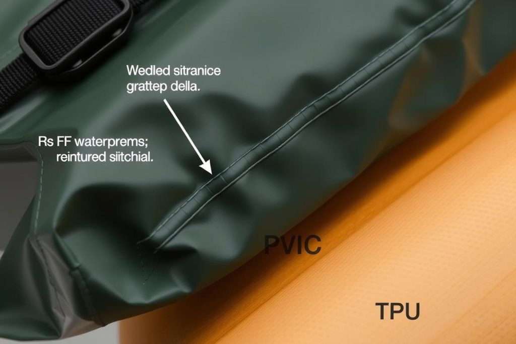 Close-up of dry bag material and seam construction