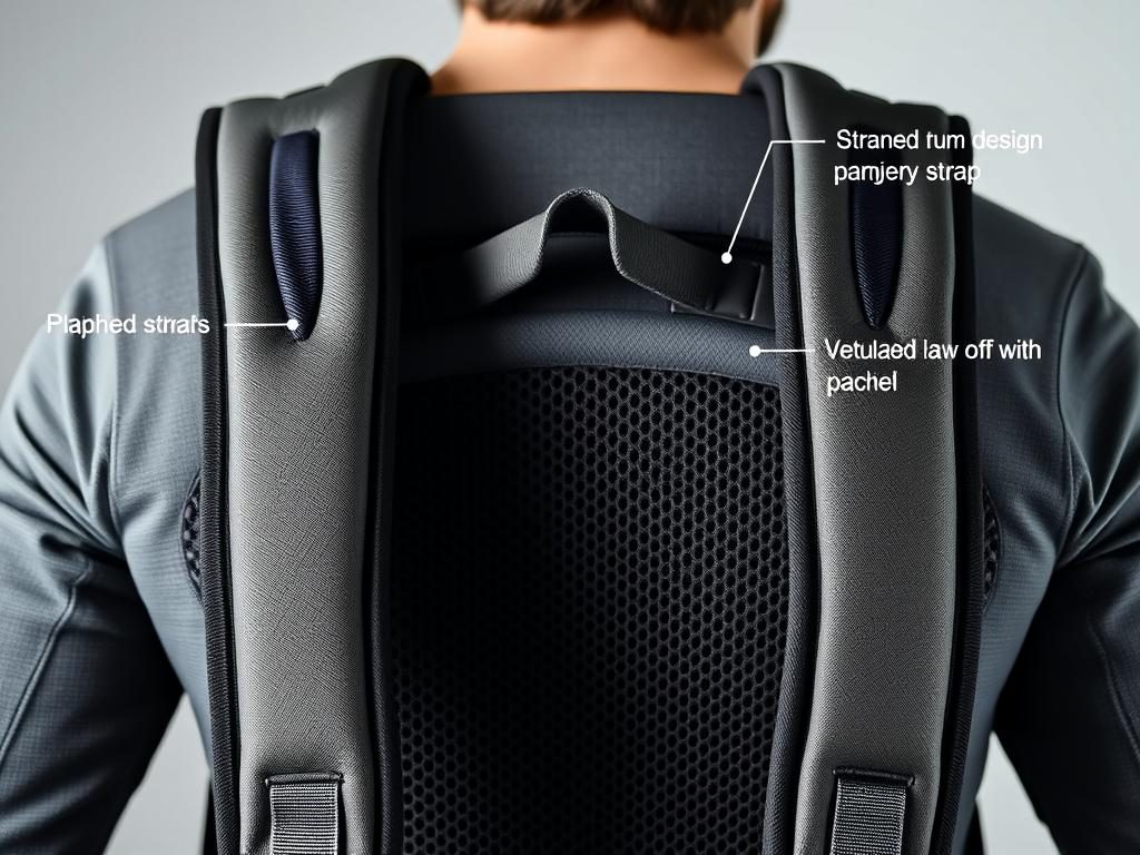 Close-up of ergonomic backpack features including padded straps and back panel Close-up of ergonomic backpack features including padded straps and back panel