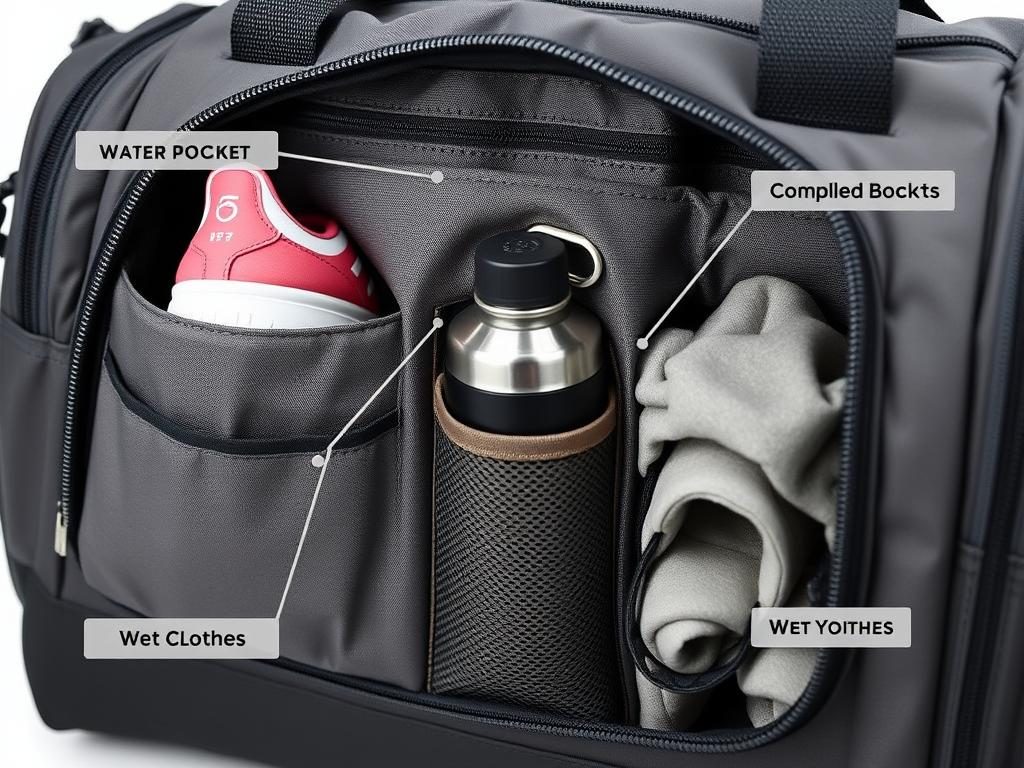 Close-up of gym bag compartments showing specialized pockets for organization Close-up of gym bag compartments showing specialized pockets for organization