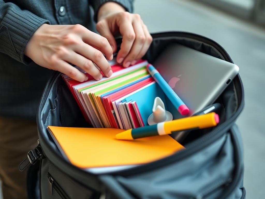 Close-up of law student organizing materials in backpack compartments Close-up of law student organizing materials in backpack compartments