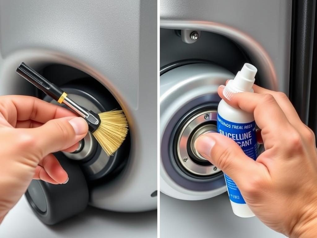Close-up of luggage wheel maintenance showing cleaning and lubrication process Close-up of luggage wheel maintenance showing cleaning and lubrication process