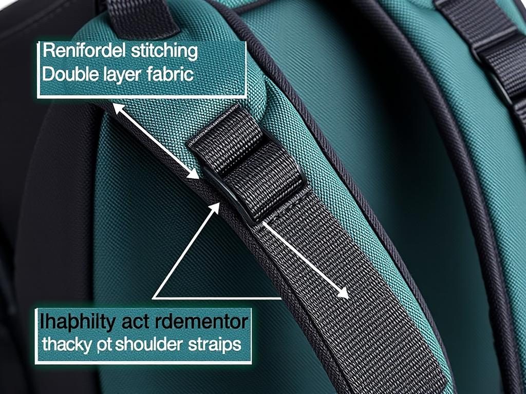 Close-up of reinforced stitching and padded straps on a high-quality backpack Close-up of reinforced stitching and padded straps on a high-quality backpack