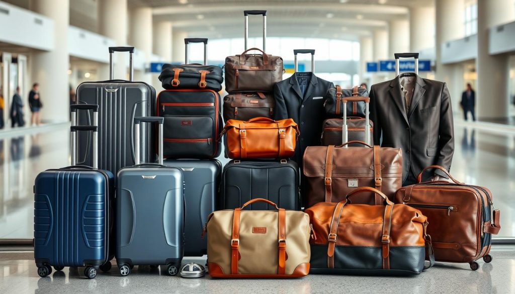 Collection of men's premium travel luggage in airport setting showing various styles and sizes Collection of men's premium travel luggage in airport setting showing various styles and sizes