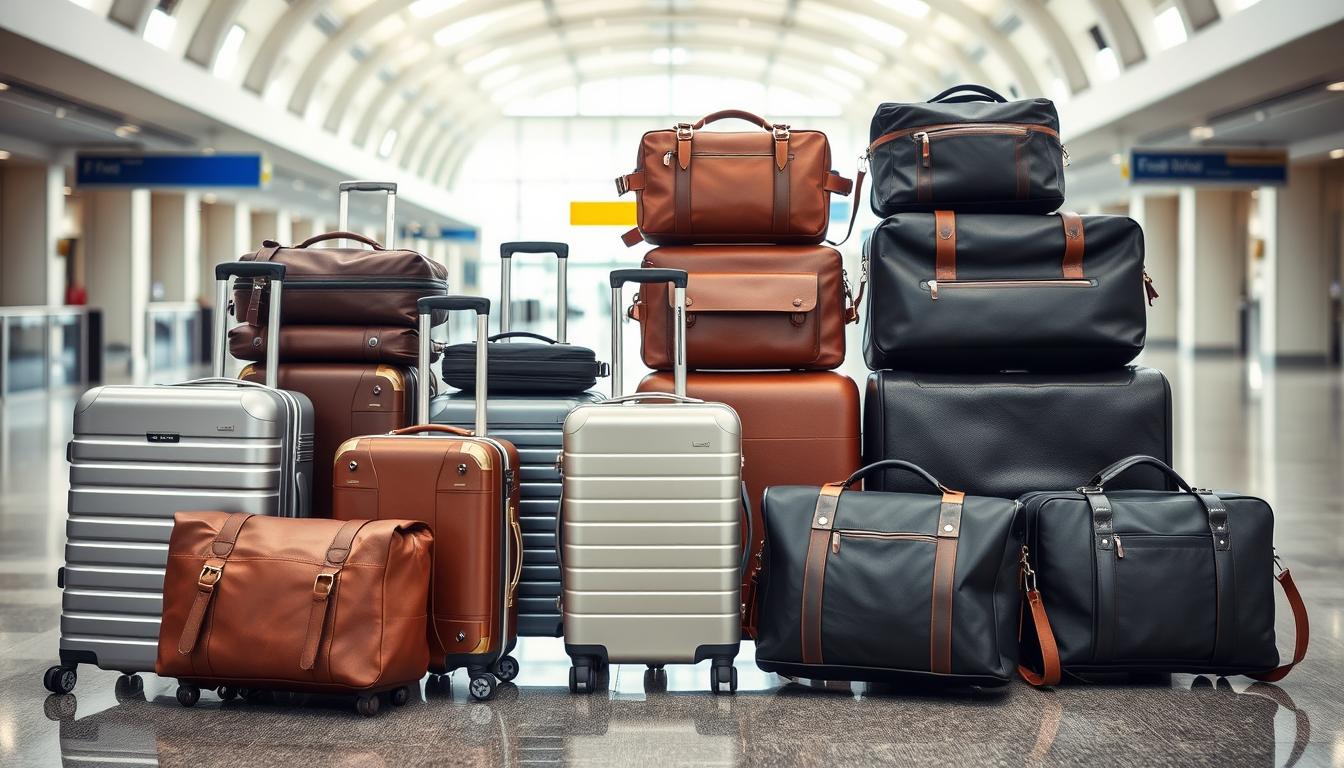 Collection of premium men's travel luggage including hardside spinners, duffel bags, and carry-ons arranged in an airport setting