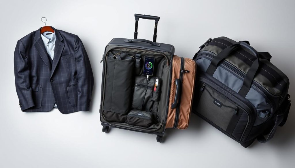 Collection of specialized luggage types including garment bags, tech-focused bags, and adventure duffels Collection of specialized luggage types including garment bags, tech-focused bags, and adventure duffels