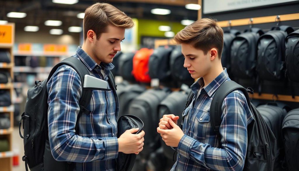 College student evaluating waterproof backpack features in a store College student evaluating waterproof backpack features in a store