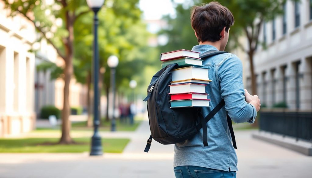 College student using a backpack designed for heavy textbooks in a campus setting College student using a backpack designed for heavy textbooks in a campus setting