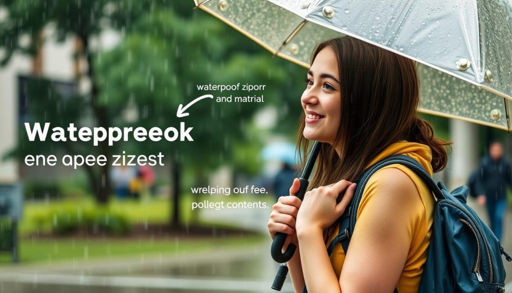 College student using waterproof backpack features in rainy campus environment College student using waterproof backpack features in rainy campus environment