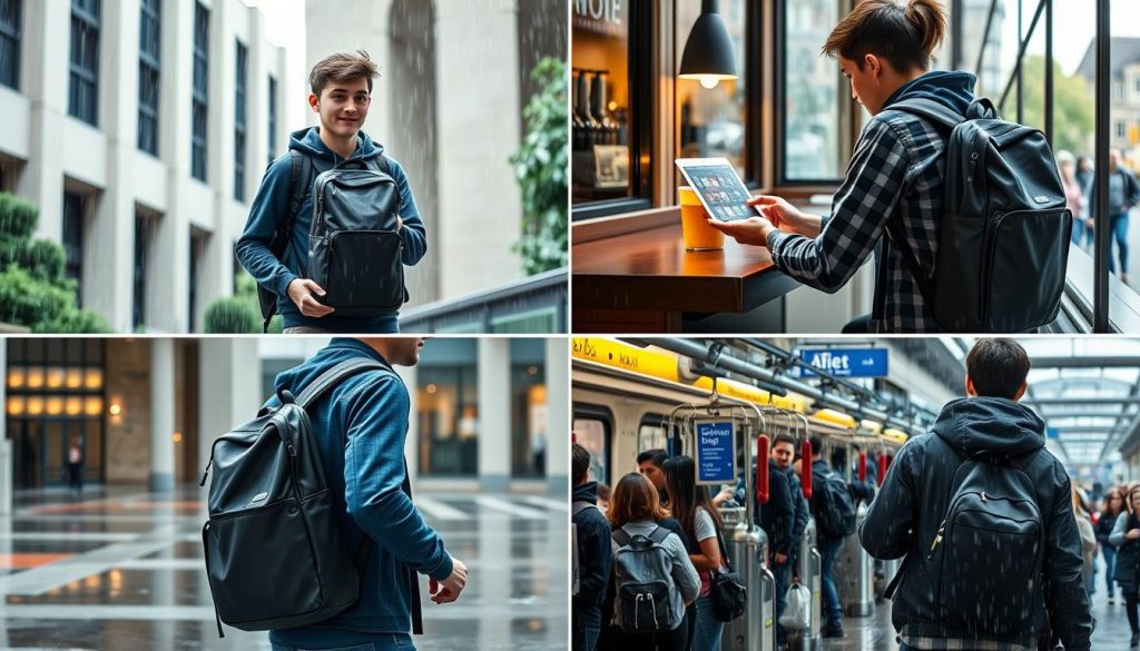 College student using waterproof backpack in various campus situations College student using waterproof backpack in various campus situations