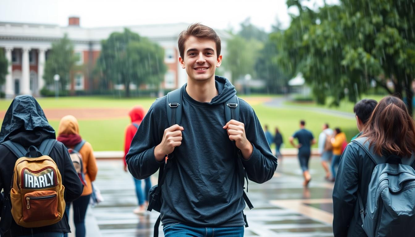 College student walking through rain on campus with a waterproof backpack