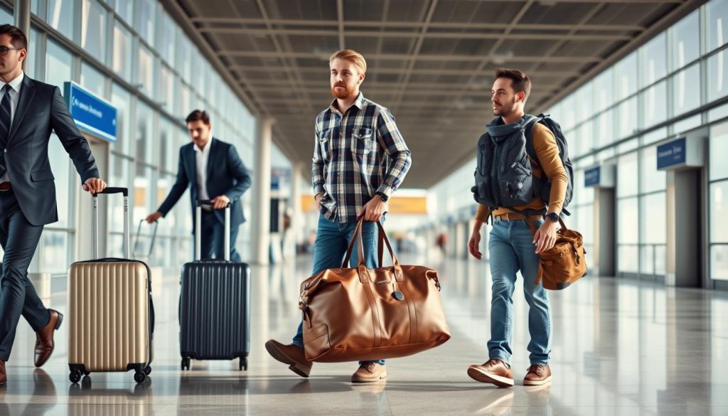 Comparison of different men's luggage styles being used in an airport setting Comparison of different men's luggage styles being used in an airport setting