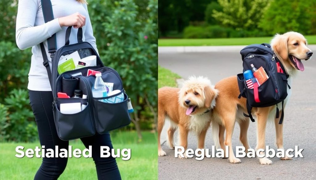 Comparison of specialized dog walking bag vs regular backpack for dog walking Comparison of specialized dog walking bag vs regular backpack for dog walking