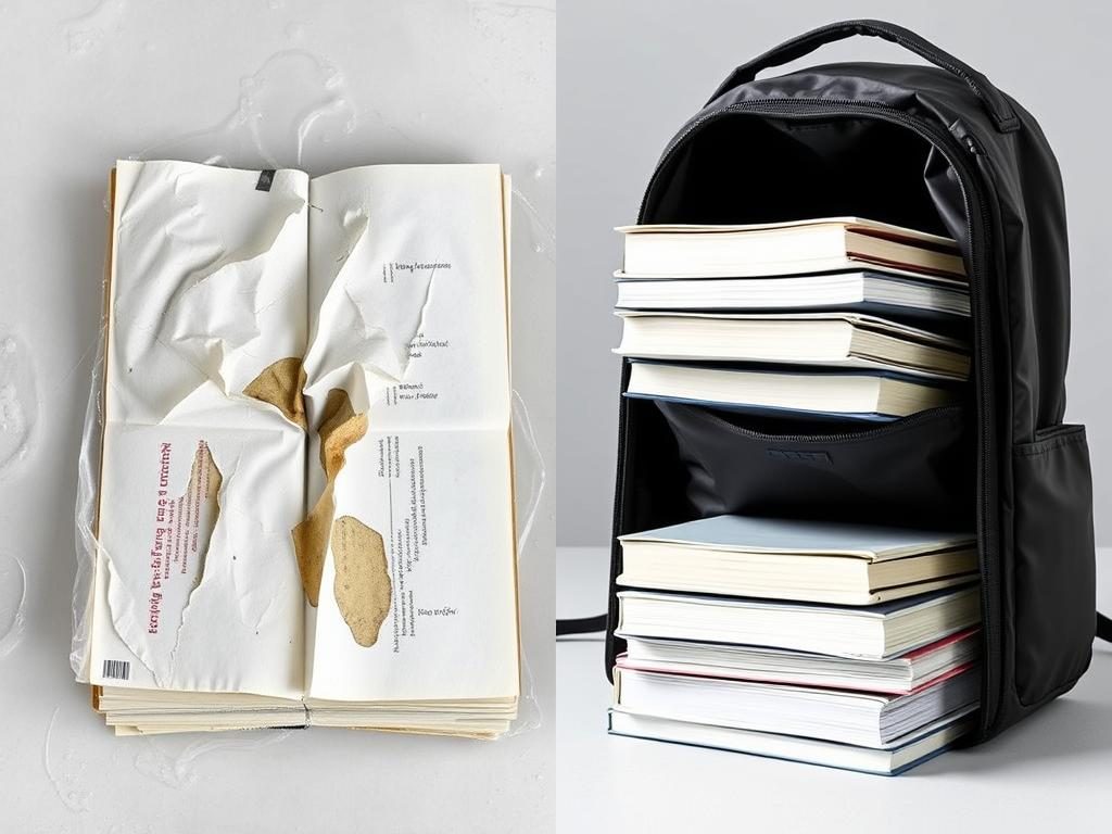 Comparison of water-damaged textbooks versus protected books in a waterproof backpack Comparison of water-damaged textbooks versus protected books in a waterproof backpack
