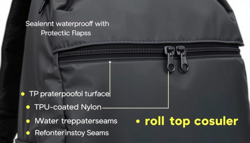 Detailed view of waterproof backpack features including sealed zippers and waterproof materials Detailed view of waterproof backpack features including sealed zippers and waterproof materials