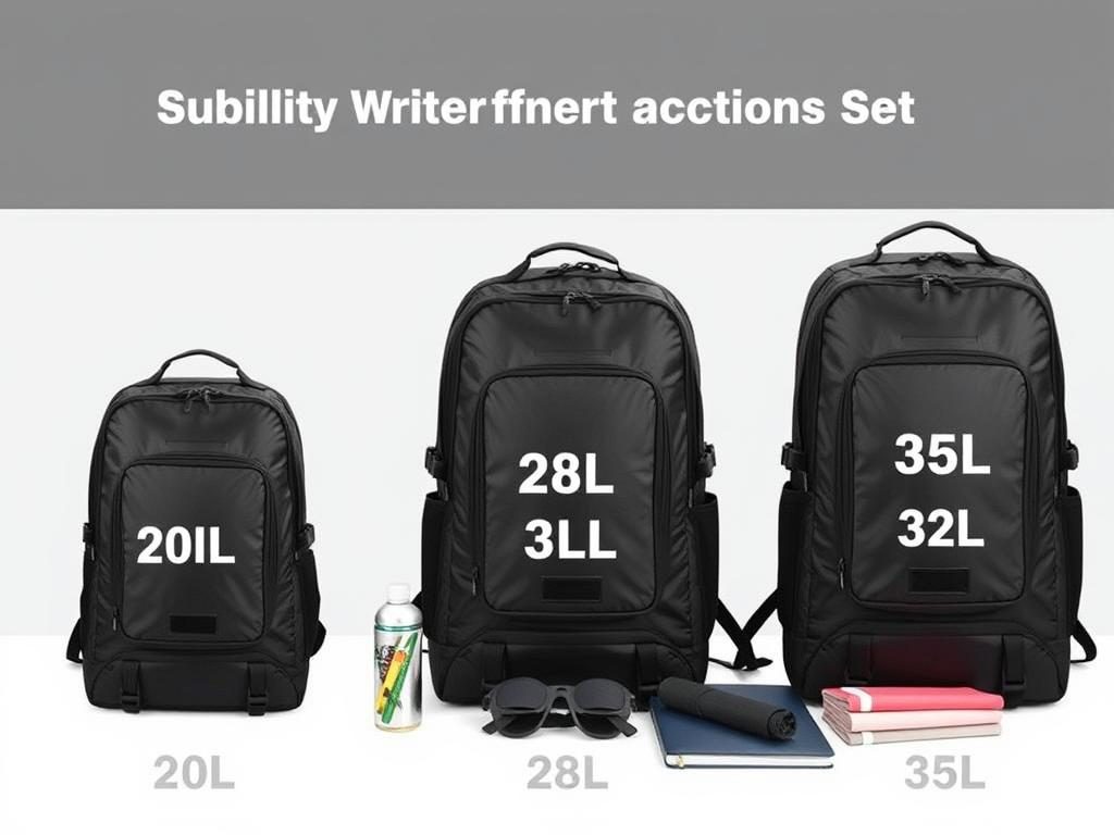 Different sized waterproof backpacks with capacity measurements Different sized waterproof backpacks with capacity measurements