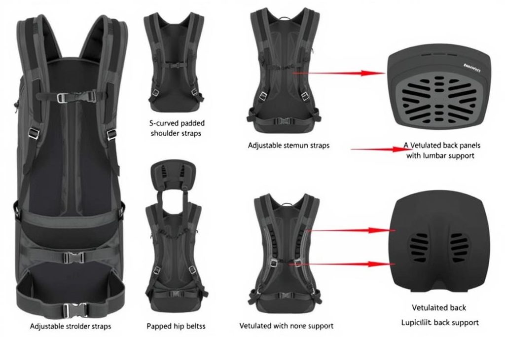Different types of backpack straps and back panels showing ergonomic designs Different types of backpack straps and back panels showing ergonomic designs
