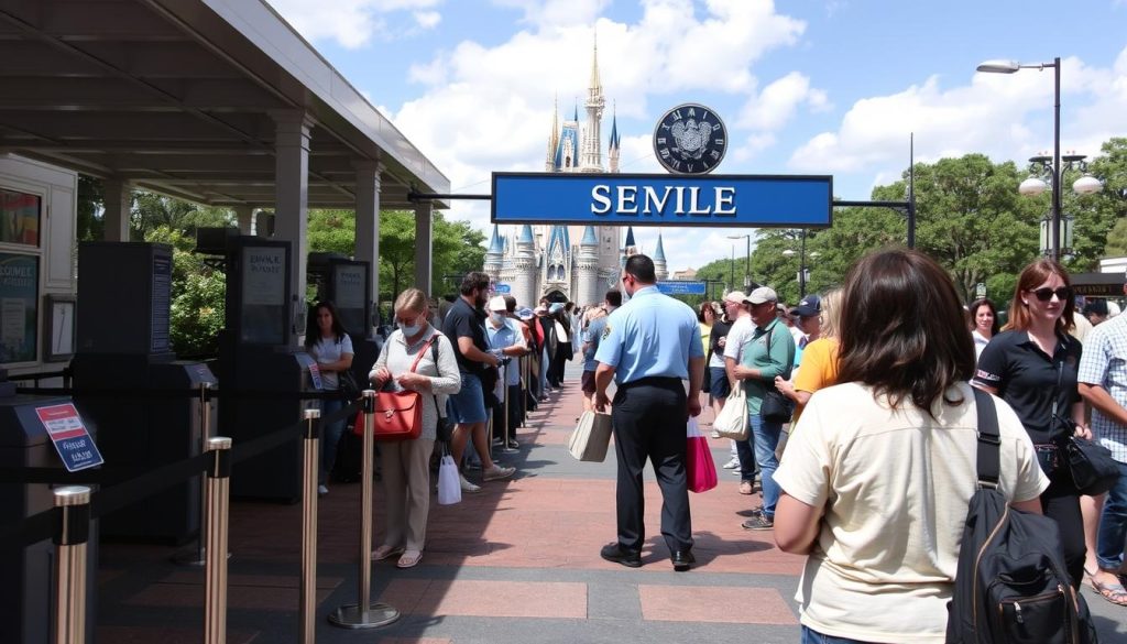 Disney World security checkpoint with guests having bags inspected Disney World security checkpoint with guests having bags inspected