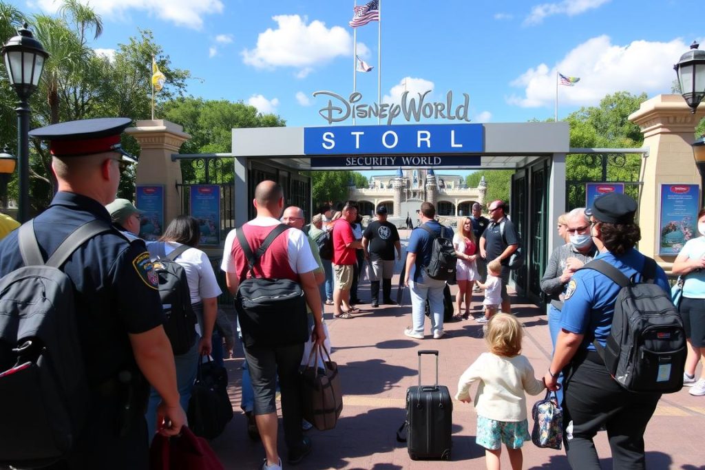 Disney World security checkpoint with guests having their bags checked Disney World security checkpoint with guests having their bags checked