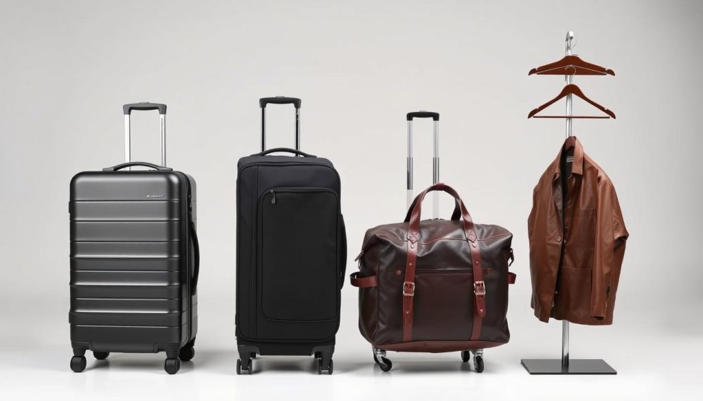 Display of different luggage types including hardside spinner, softside upright, duffel bag, and garment bag Display of different luggage types including hardside spinner, softside upright, duffel bag, and garment bag