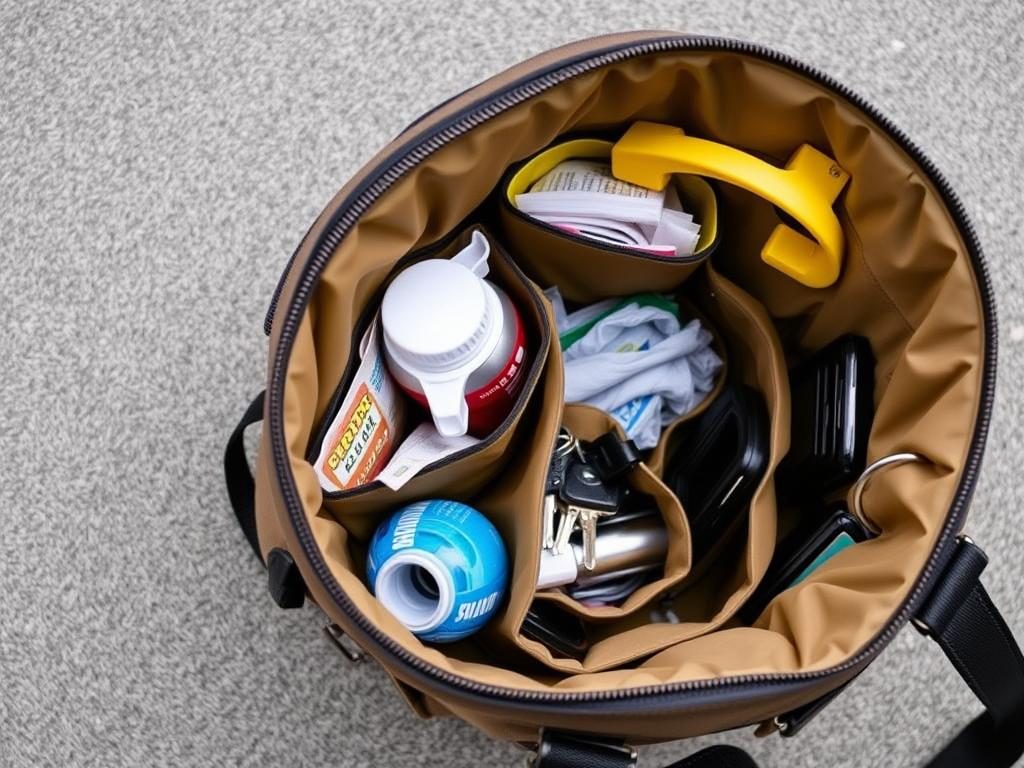 Dog walking bag with multiple compartments labeled for different items Dog walking bag with multiple compartments labeled for different items