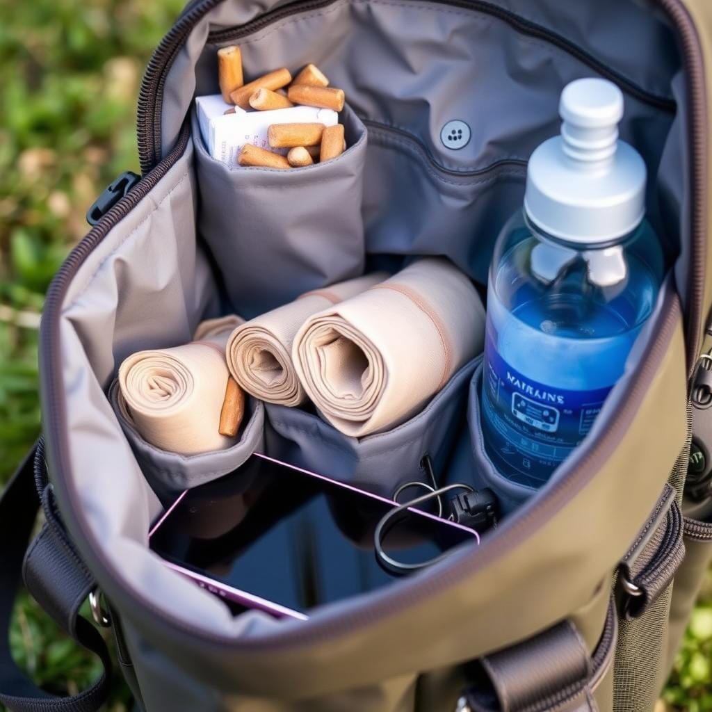 Dog walking bag with organized compartments for treats, poop bags, and personal items Dog walking bag with organized compartments for treats, poop bags, and personal items