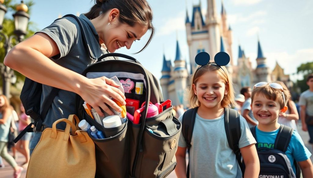 Family at Disney World with well-organized backpack for children's supplies Family at Disney World with well-organized backpack for children's supplies