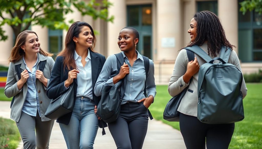 Group of diverse law students with various backpack styles Group of diverse law students with various backpack styles