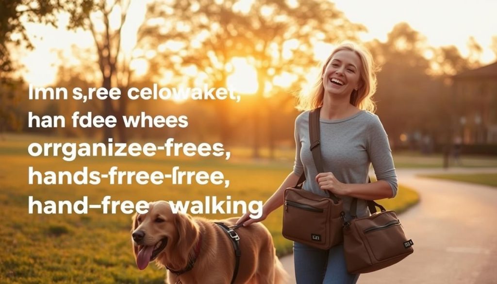 Happy dog owner using a dog walking bag during a sunset walk Happy dog owner using a dog walking bag during a sunset walk