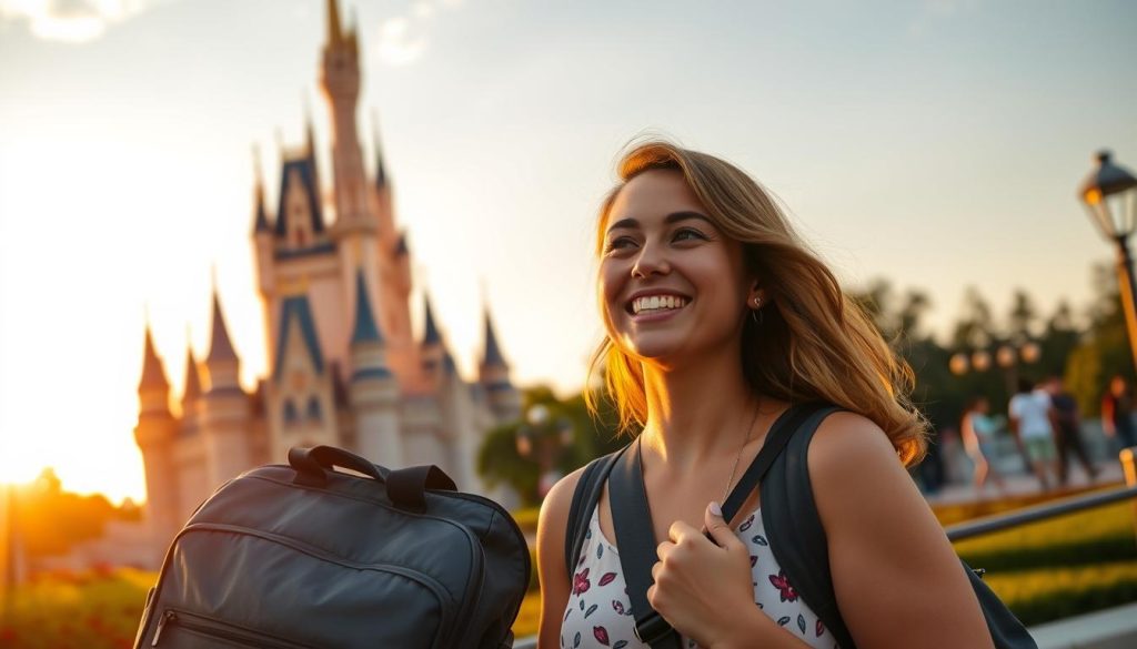 Happy visitor with perfect park bag enjoying Disney World sunset Happy visitor with perfect park bag enjoying Disney World sunset