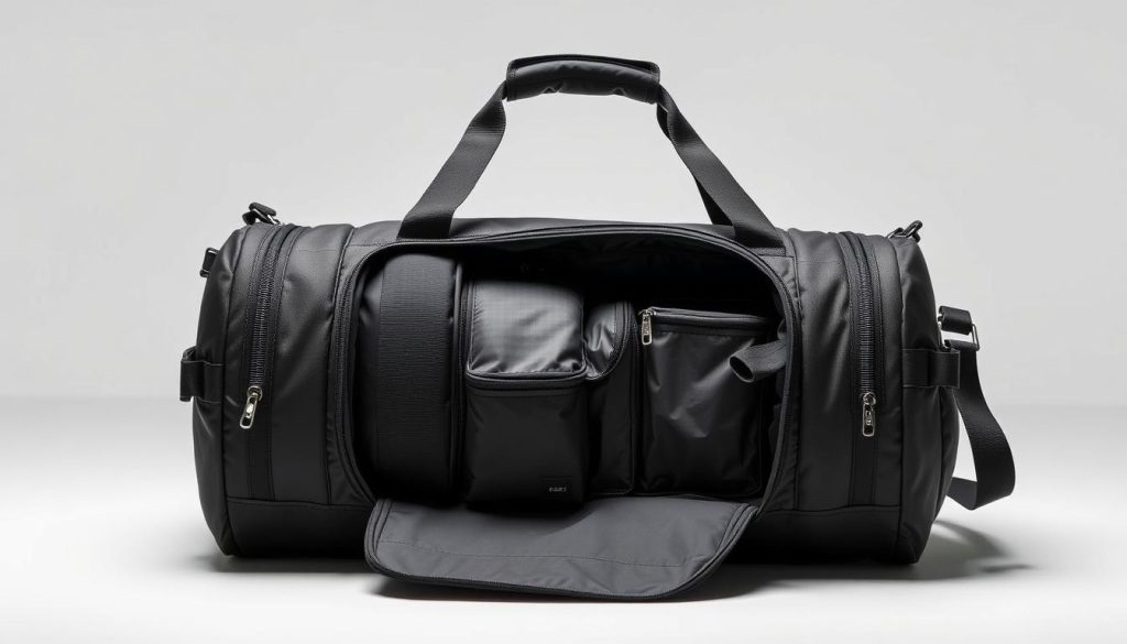 Hybrid gym-duffel bag showing combined features of both bag types Hybrid gym-duffel bag showing combined features of both bag types