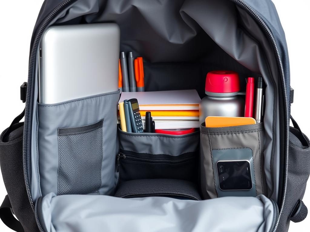 Interior view of a waterproof backpack showing laptop sleeve and organization compartments Interior view of a waterproof backpack showing laptop sleeve and organization compartments