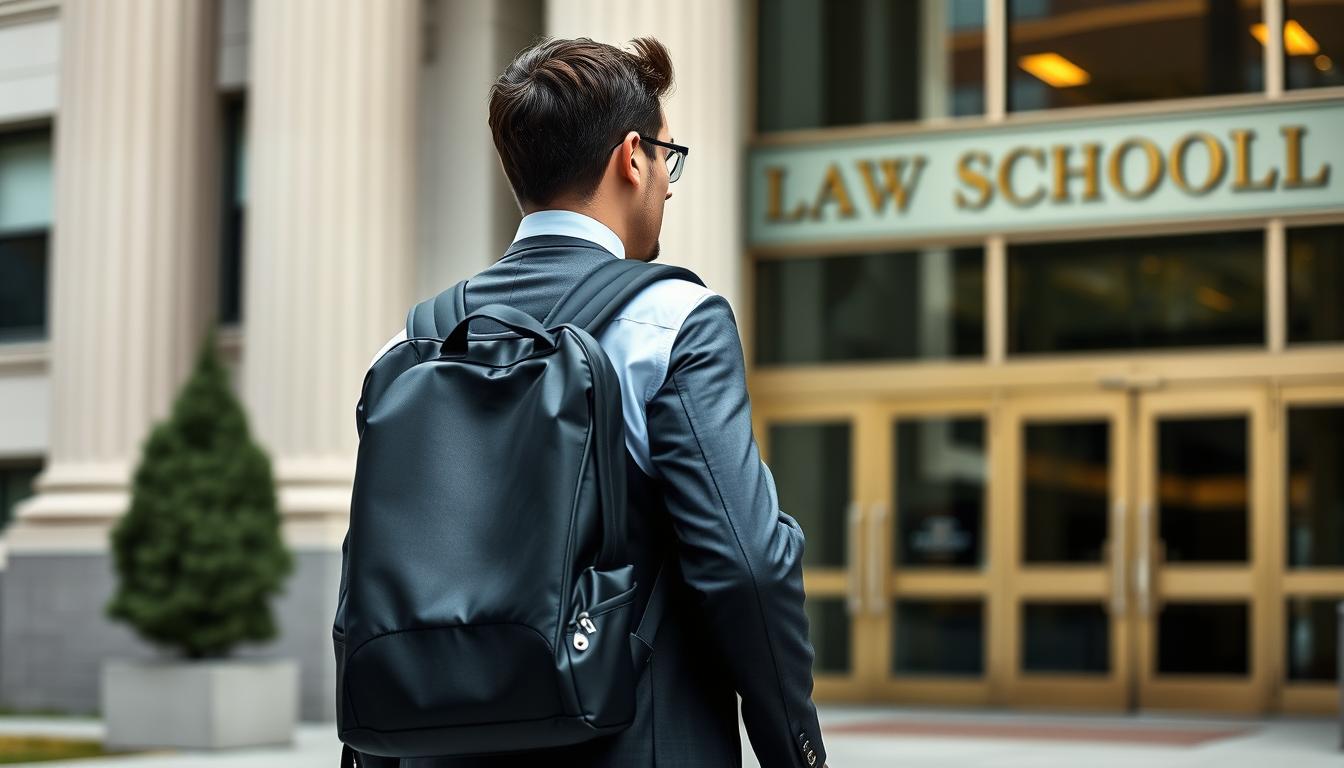 Law student carrying a professional backpack while walking into law school building