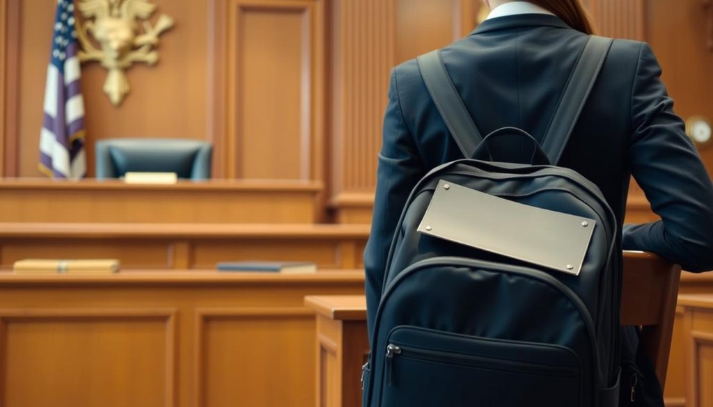 Law student using backpack in courtroom or formal setting Law student using backpack in courtroom or formal setting