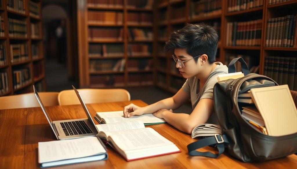 Law student using backpack in law library setting Law student using backpack in law library setting
