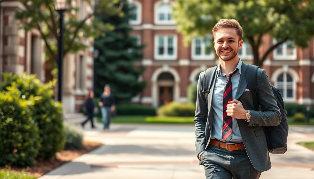 Law student with professional backpack walking confidently on campus Law student with professional backpack walking confidently on campus