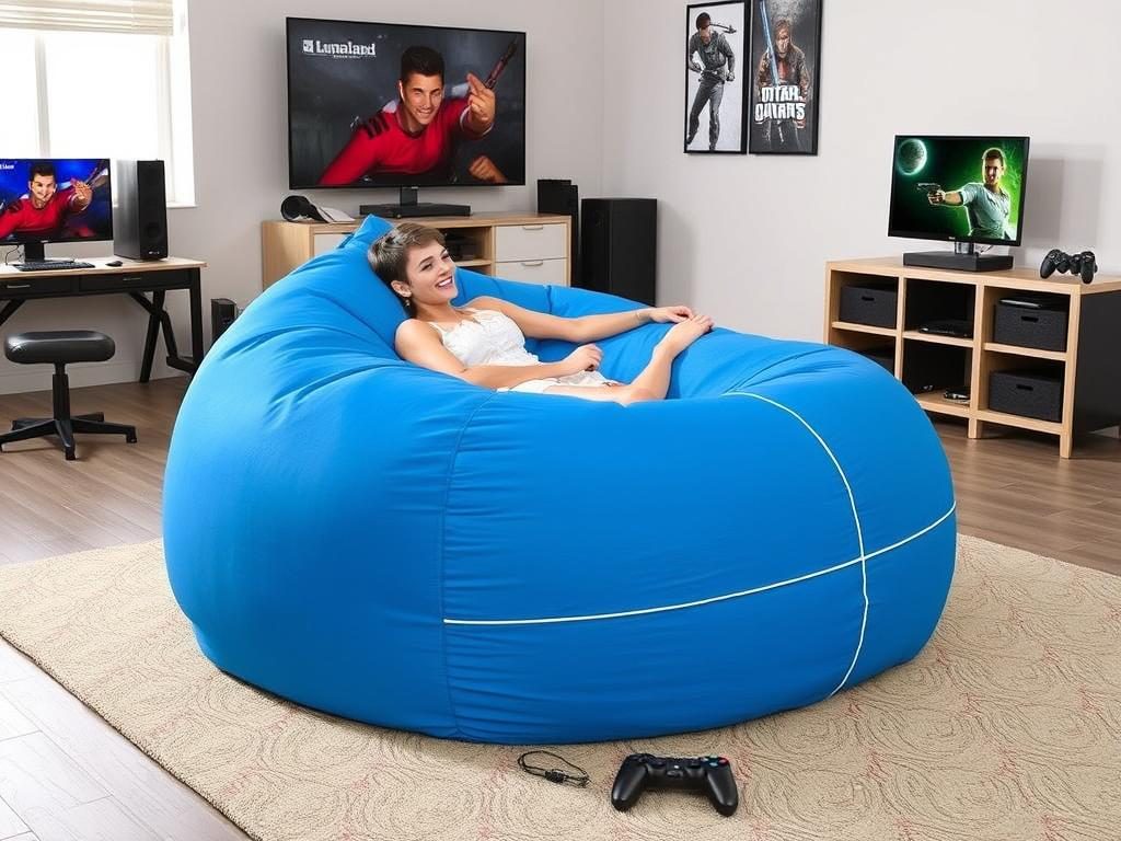 Lumaland Luxury 7 Foot Bean Bag Chair shown in a game room Lumaland Luxury 7 Foot Bean Bag Chair shown in a game room