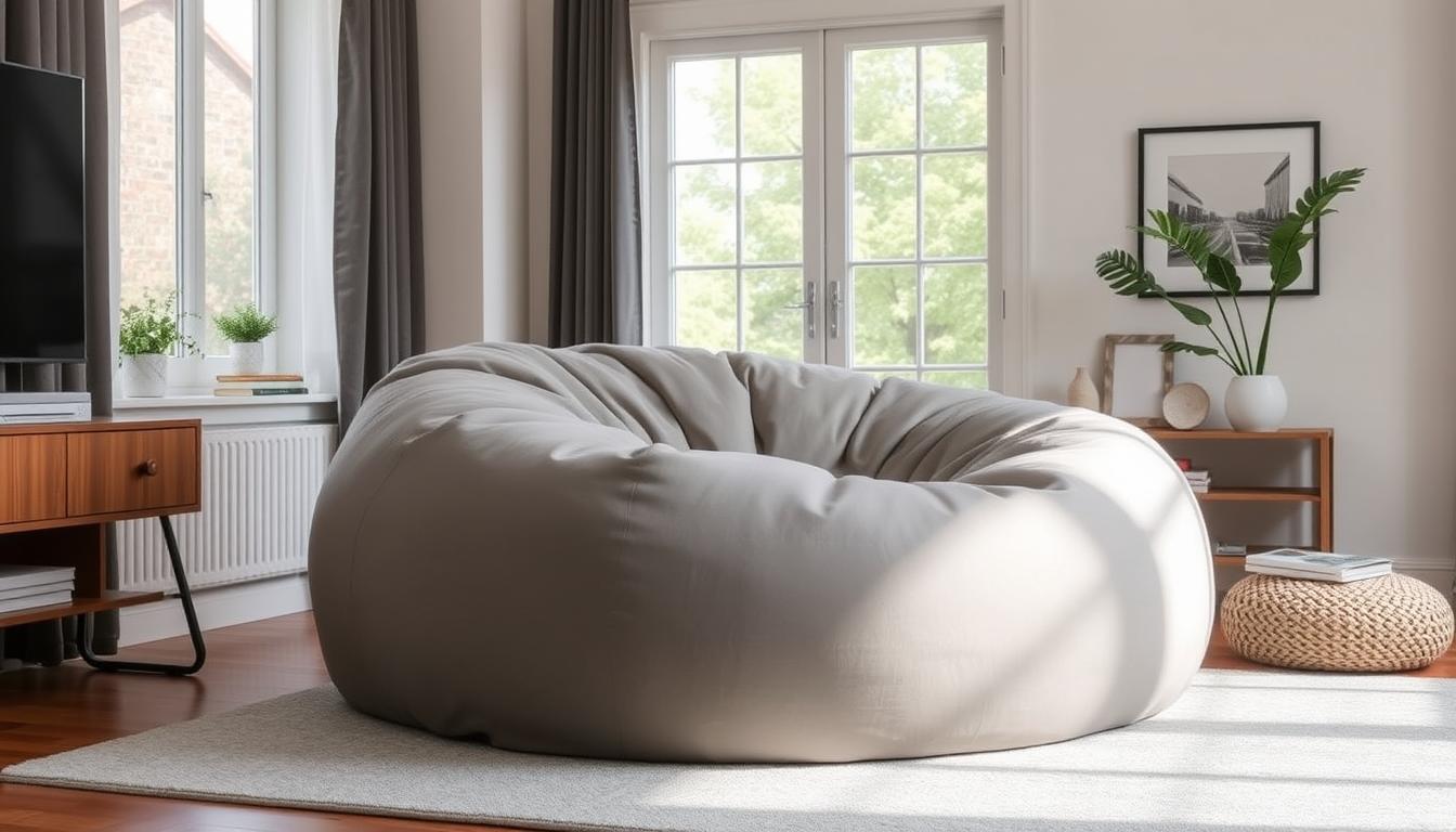 Luxurious 7 foot bean bag chair in a modern living room setting