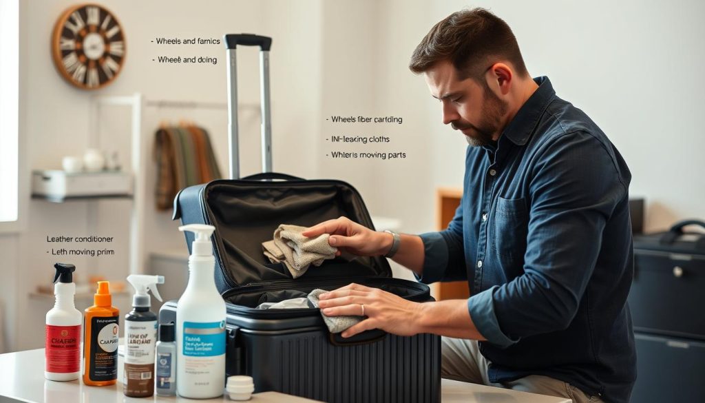 Man cleaning and maintaining premium luggage showing proper care techniques Man cleaning and maintaining premium luggage showing proper care techniques