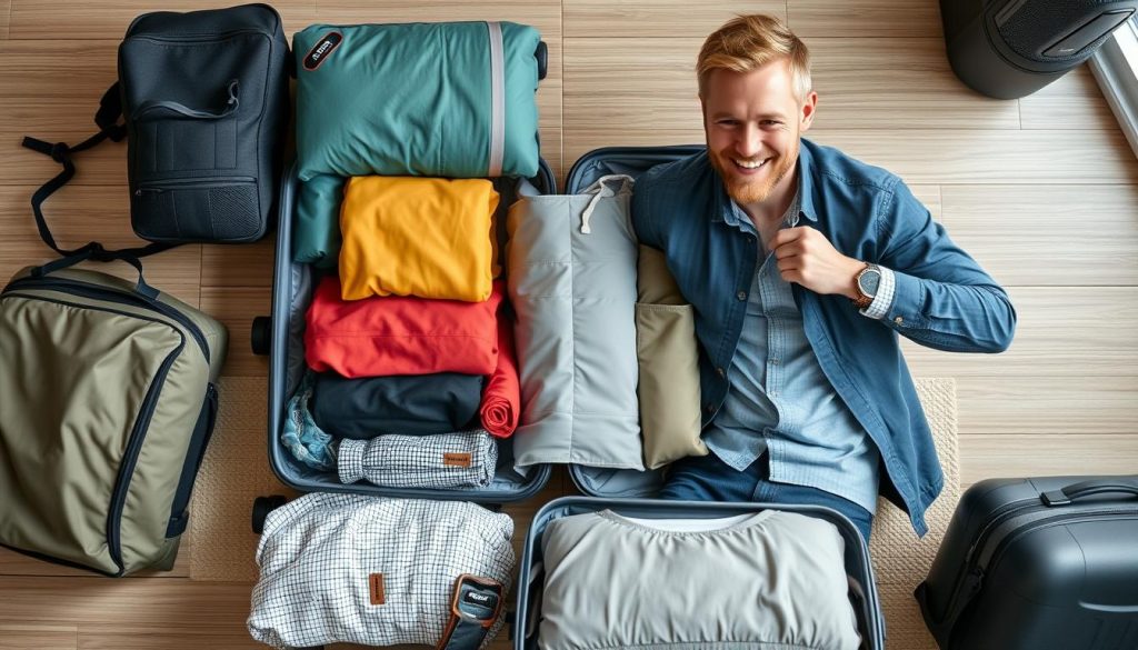 Man packing efficiently in budget-friendly luggage showing smart organization techniques Man packing efficiently in budget-friendly luggage showing smart organization techniques