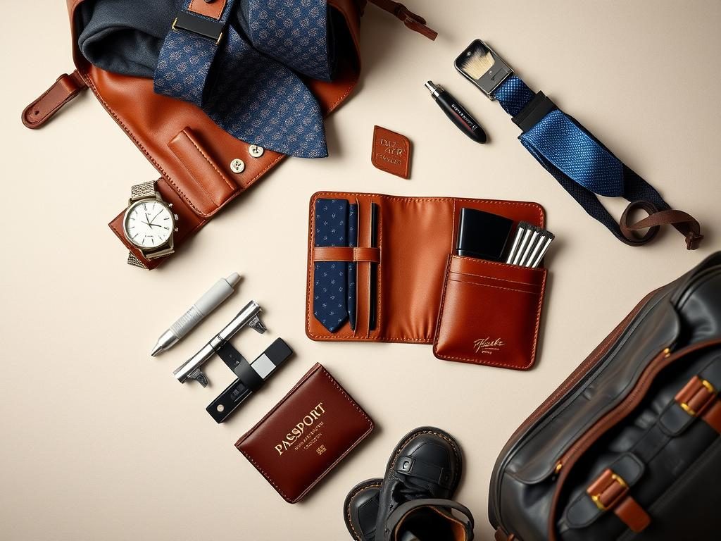 Men's travel accessories including watch roll, tie case, and collar stays organized for packing Men's travel accessories including watch roll, tie case, and collar stays organized for packing