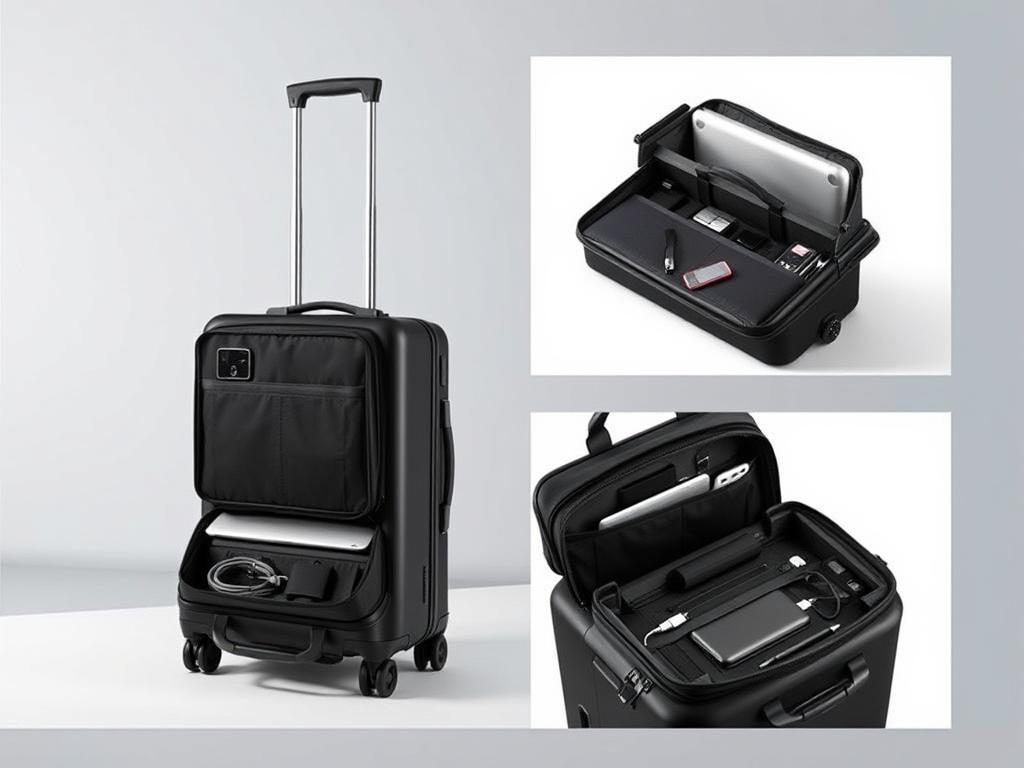 Nomatic Navigator Carry-On Pro showing tech organization features and detachable tech case Nomatic Navigator Carry-On Pro showing tech organization features and detachable tech case