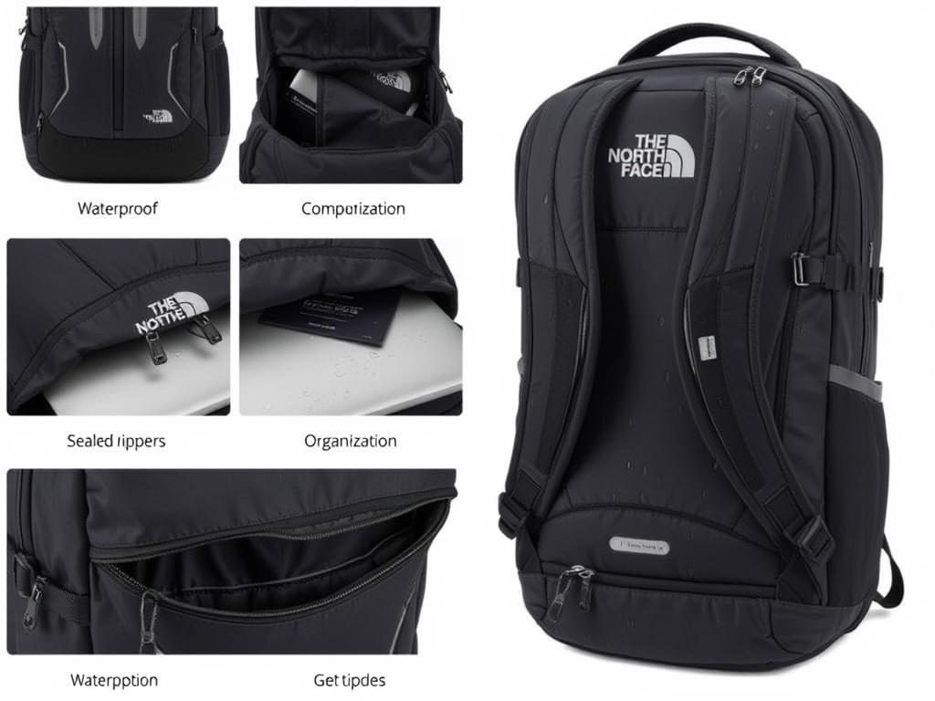 North Face Surge Waterproof backpack showing key features and waterproofing technology North Face Surge Waterproof backpack showing key features and waterproofing technology