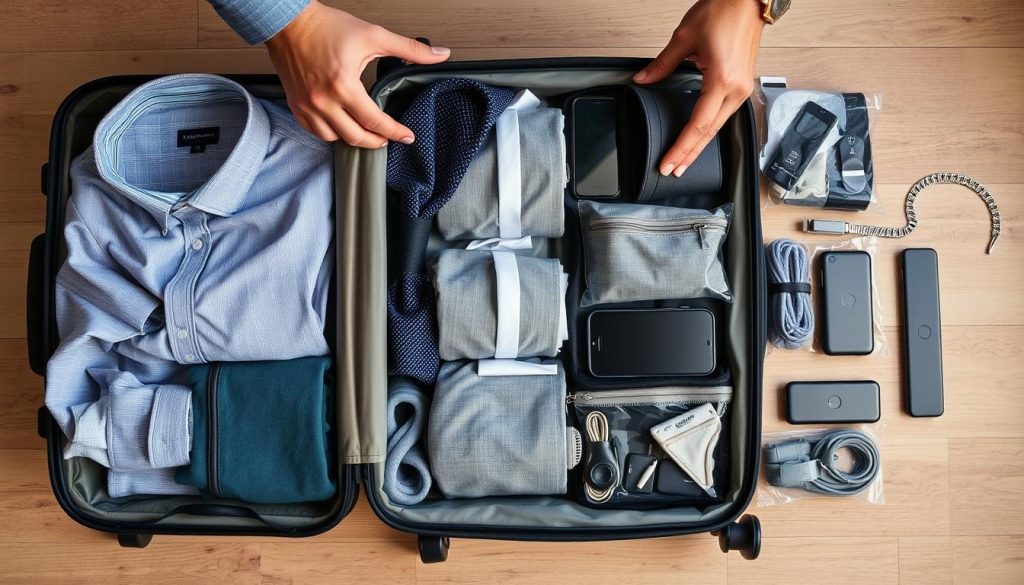 Organized packing demonstration with packing cubes, rolled clothing, and efficient arrangement Organized packing demonstration with packing cubes, rolled clothing, and efficient arrangement