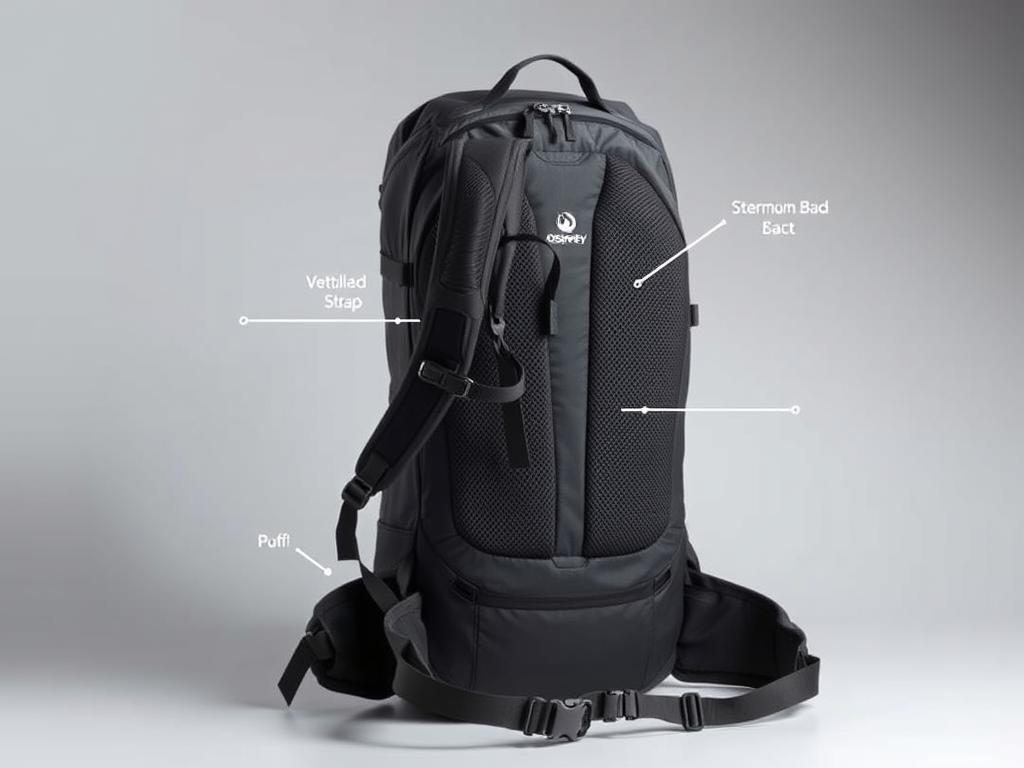 Osprey Nebula backpack showing ergonomic features Osprey Nebula backpack showing ergonomic features
