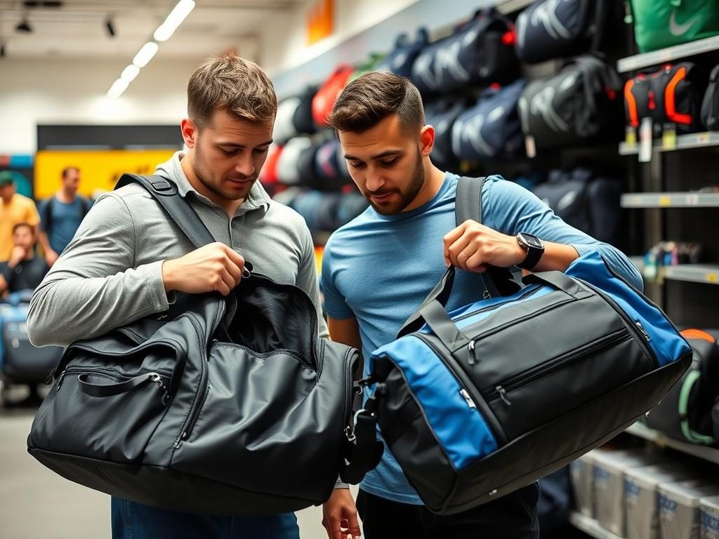 Person comparing gym bag and duffel bag features in a store Person comparing gym bag and duffel bag features in a store