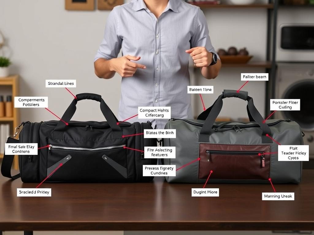 Person comparing gym bag and duffel bag features side by side Person comparing gym bag and duffel bag features side by side